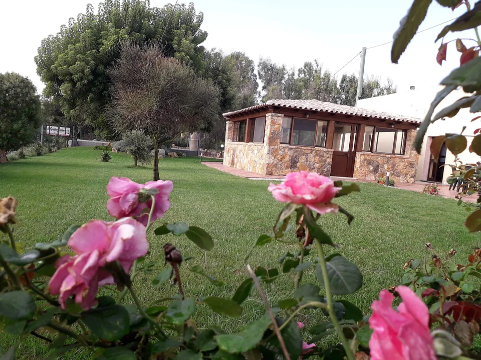 Giardino con rose e casetta in pietra dell’Agriturismo Quattromori a Porto Torres